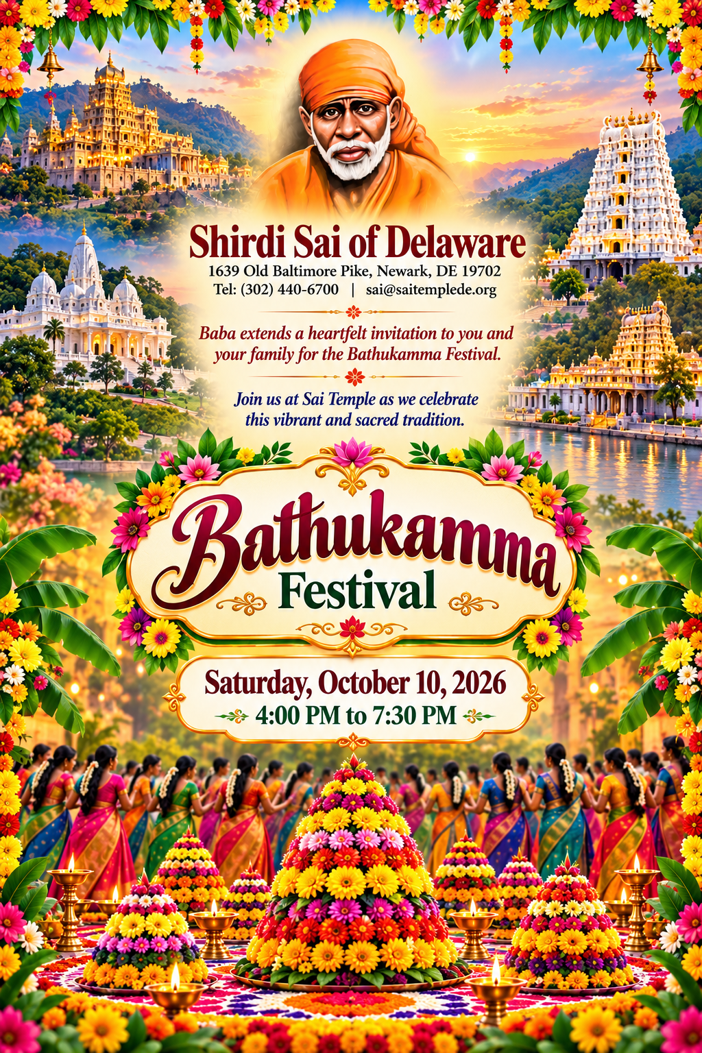 Bathukamma Festival brochure: Saturday, October 10, 2026, 4:00 PM to 7:30 PM at Shirdi Sai of Delaware, 1639 Old Baltimore Pike, Newark, DE